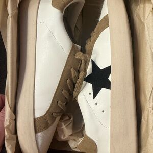 Stylish White and Tan Sneakers
